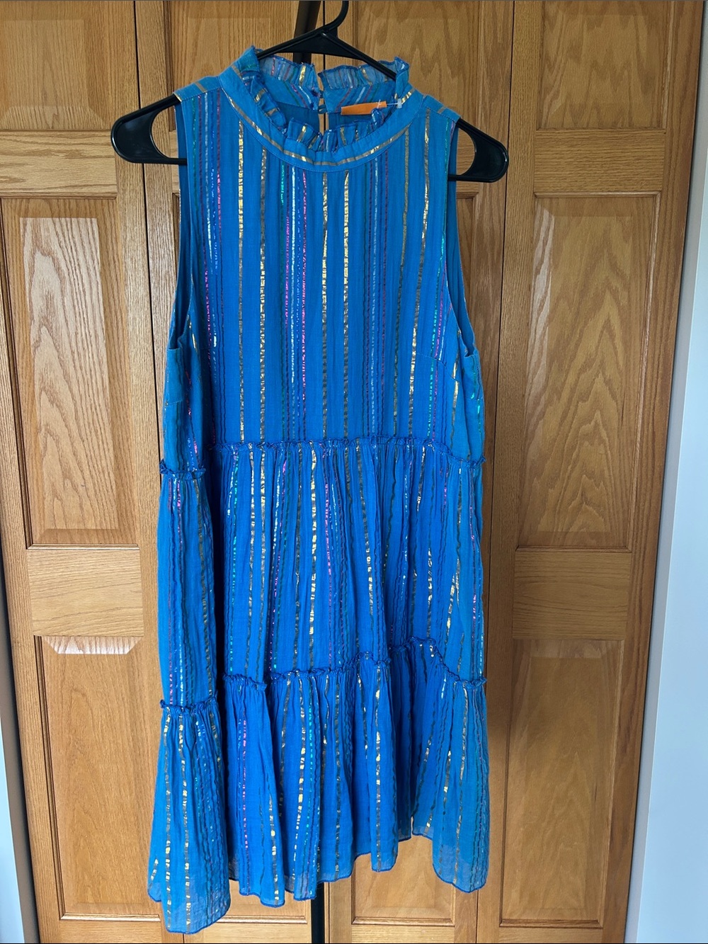 Oliphant Blue Metallic-Striped Tiered Dress